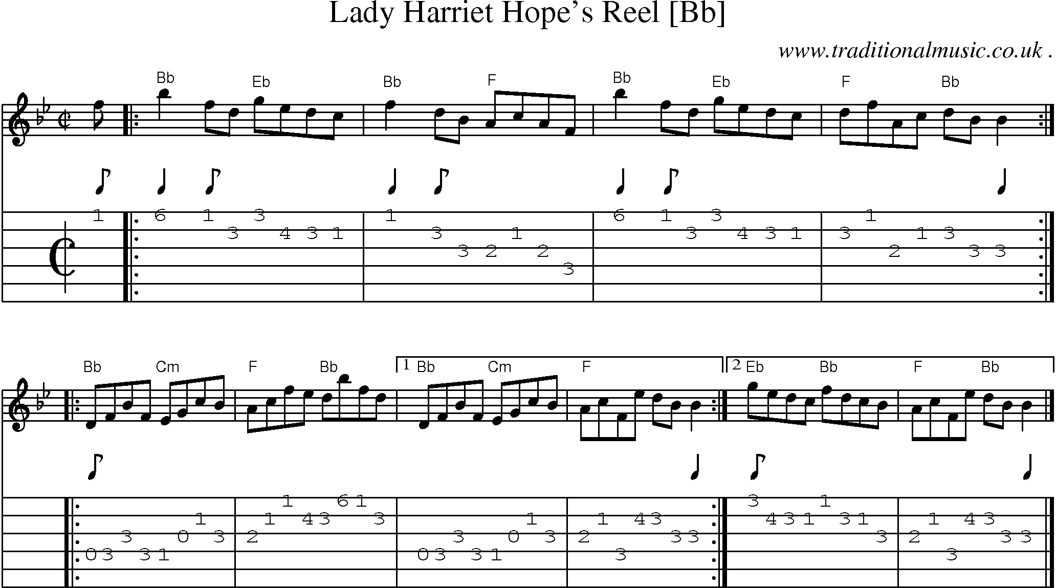 Sheet-music  score, Chords and Guitar Tabs for Lady Harriet Hopes Reel [bb]